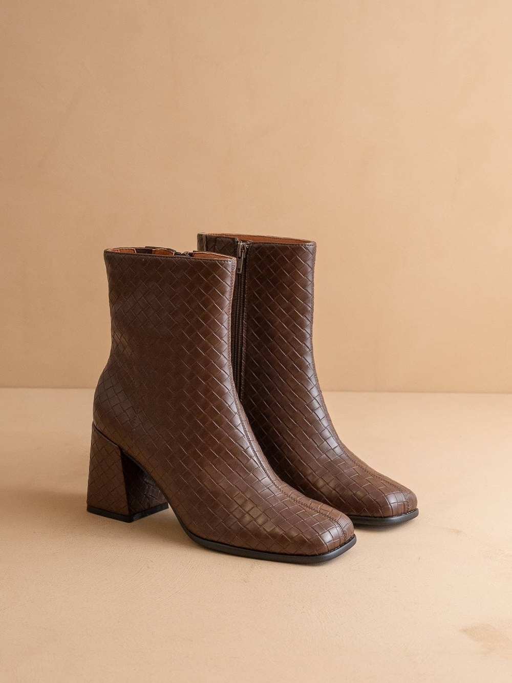 Oasis Society Woven Vegan Leather Brown Block-Heel Ankle Boots
